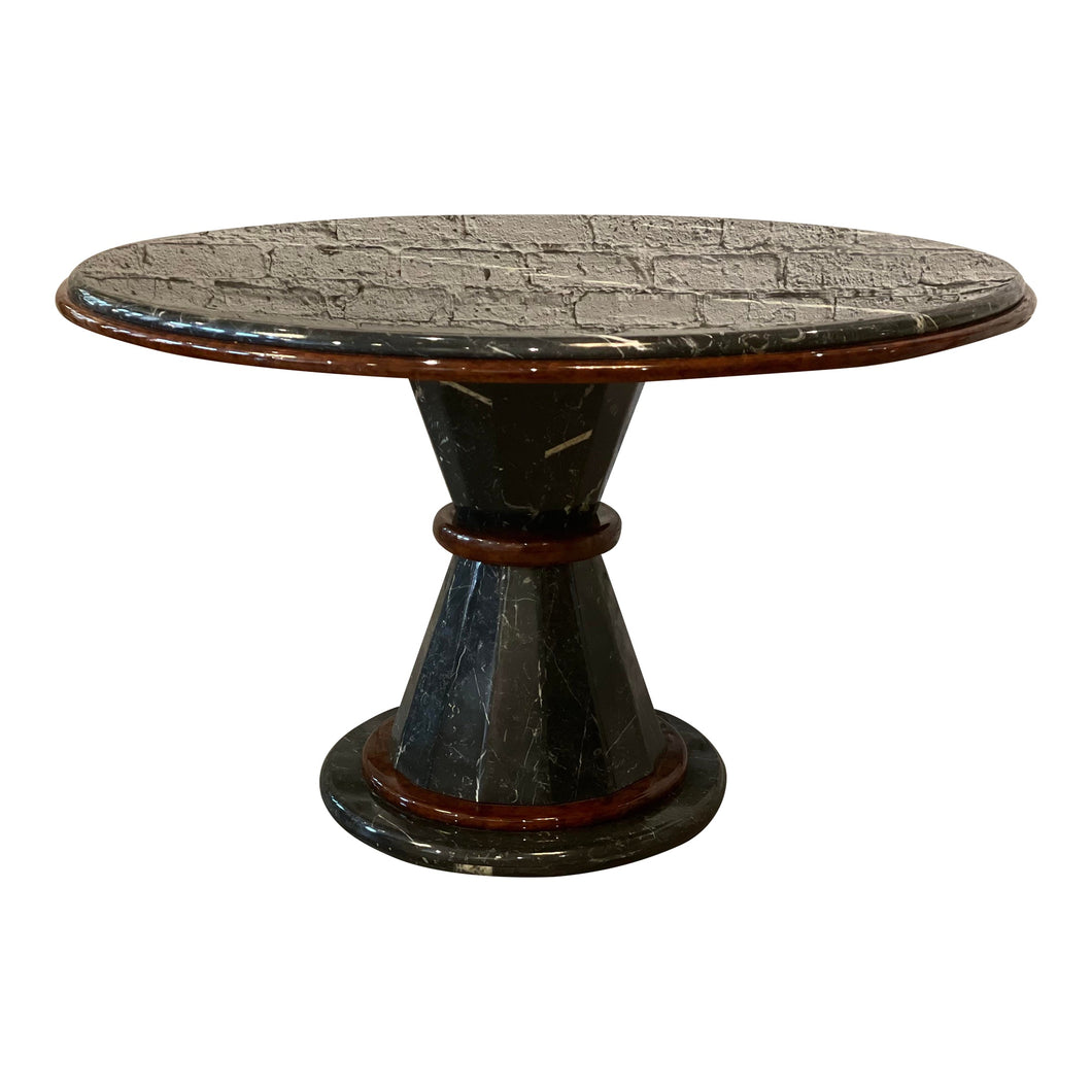 1980s Vintage Nero Marquina Black and White Marble and Wood Round Pedestal Dining Table