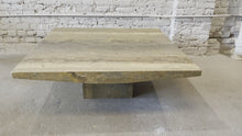 Load and play video in Gallery viewer, 1980s Italian Walnut Travertine Postmodern Coffee Table With Bowed Edge - Honed
