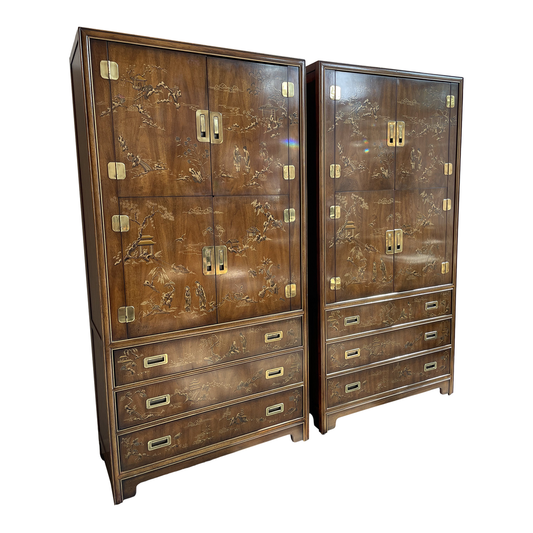 Chinoiserie Asian Drexel Heritage Armoires Cabinets - a Pair