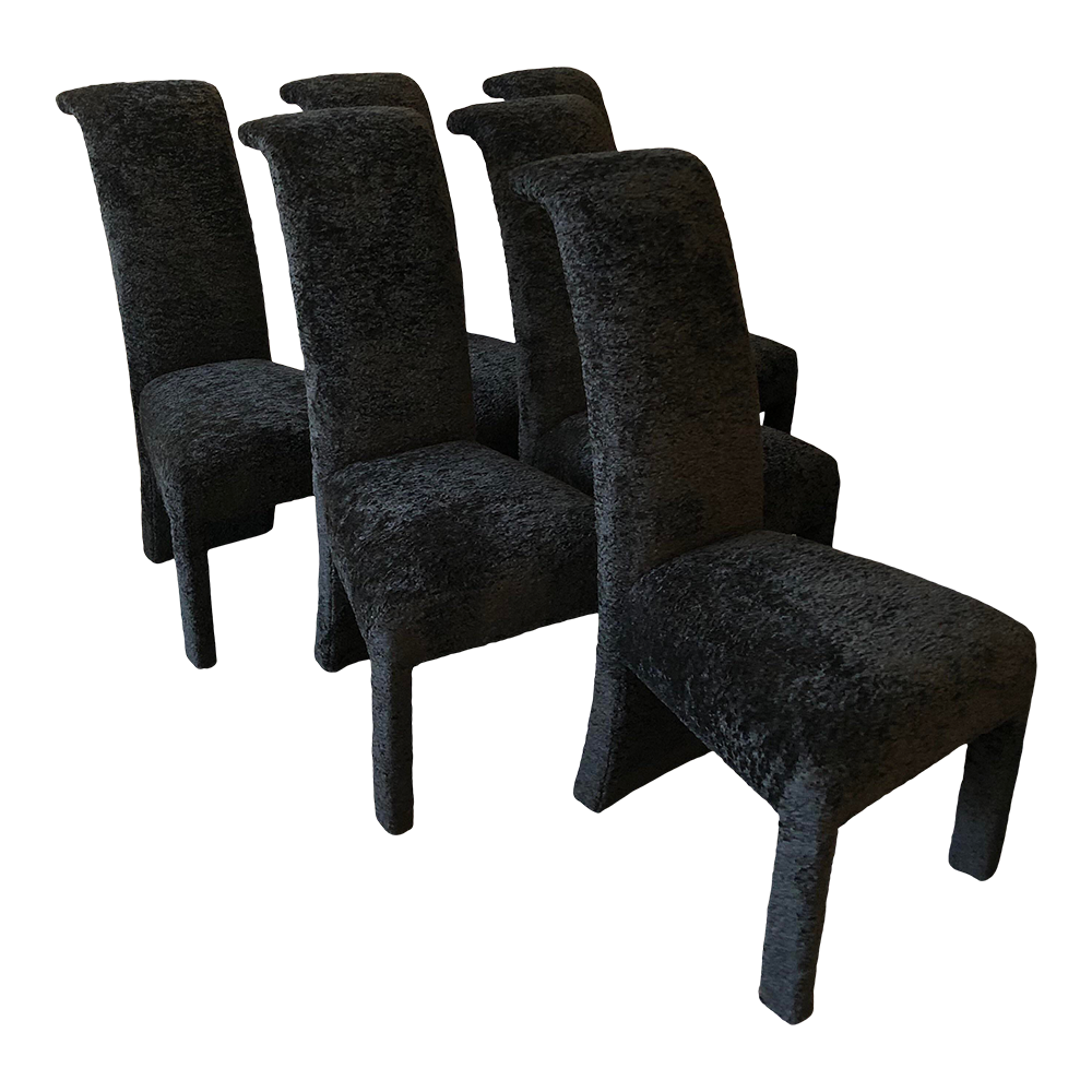 Postmodern Black Persian Lamb Boucle Dining Chairs - Set of 6