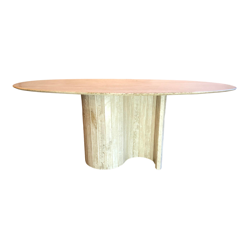 1980s Postmodern Serpentine Channeled Base Oval Travertine Dining Table