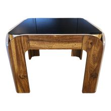 Load image into Gallery viewer, Vintage Post Modern Wood Brass and Black Glass Side Table
