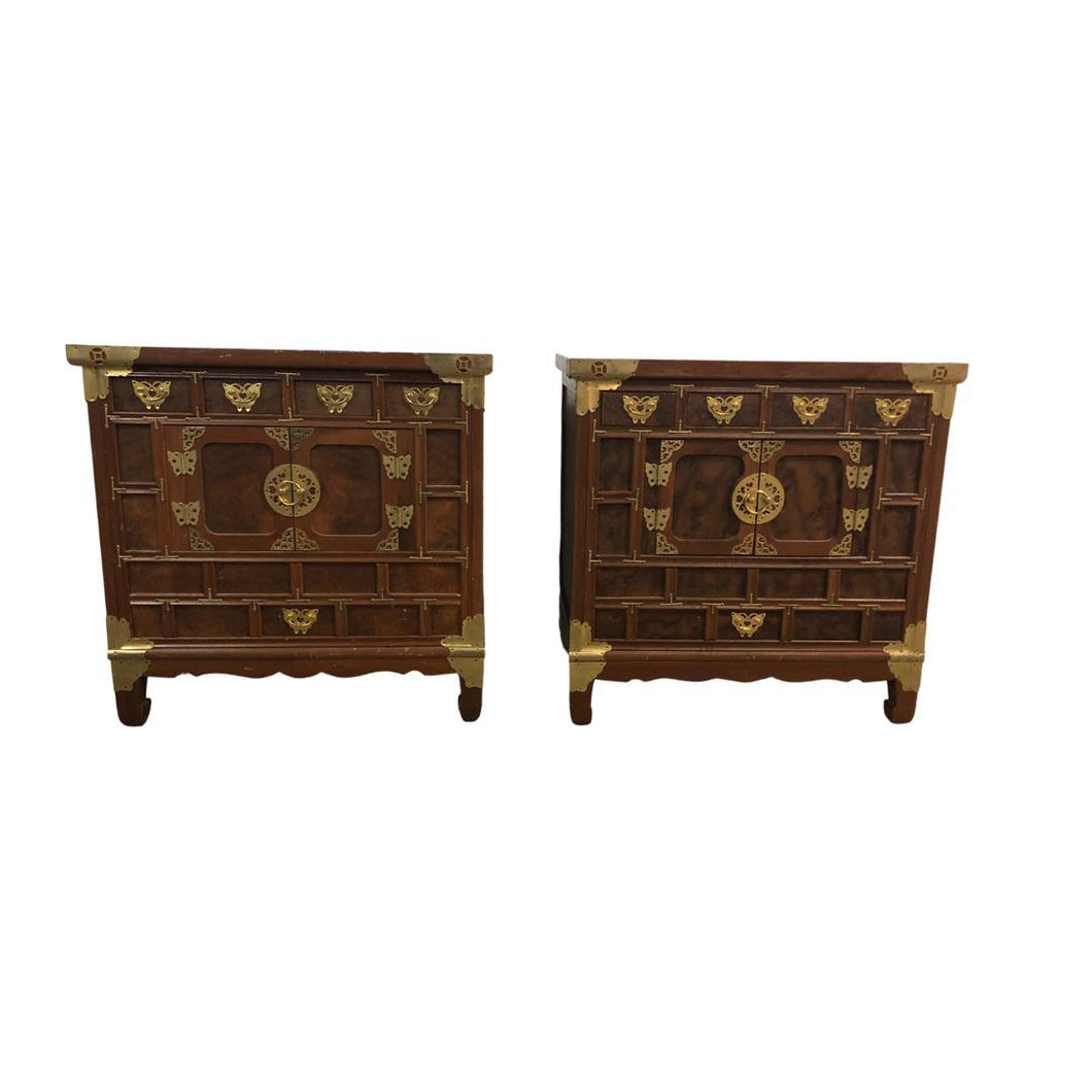 Asian Style Brass Detailed Nightstands - a Pair