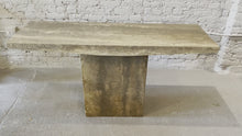 Load and play video in Gallery viewer, 1980s Italian Walnut Travertine Postmodern Console Table With Bowed Edge- Honed
