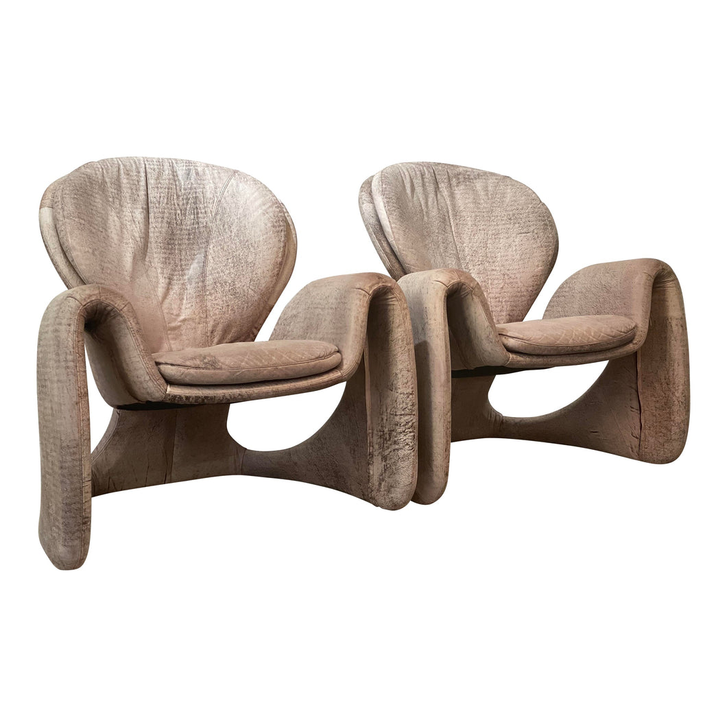 Vintage Distressed Leather Sculptural Chairs - a Pair