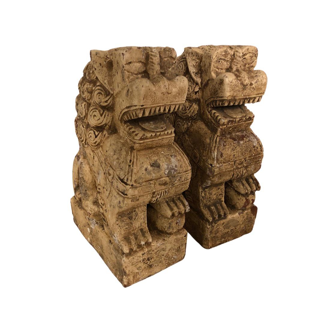 Vintage Wood Paint Foo Dogs - a Pair